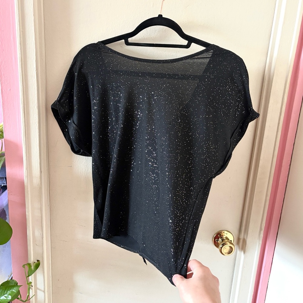 Black Sparkle Women's Short Sleeve Top with V-neck in Back & Decorative Tie Sash
